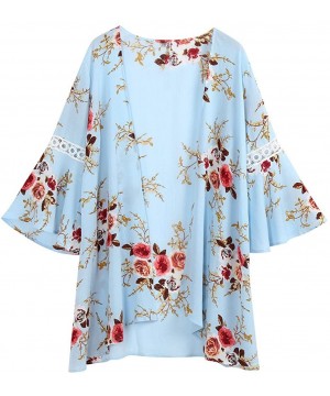 Casual Chiffon Cardigan Long Sleeve Lace Kimono for Women Solid Blouse Tops - T Blue - C318OT3EYHQ $19.85-Cover-Ups