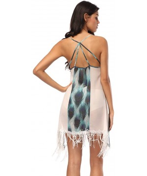 Women's Sexy Peacock Print Bikini Swimsuit Halter Tassel Cover up Swimwear Dress - White - C918E9EWQAU $11.40-Cover-Ups