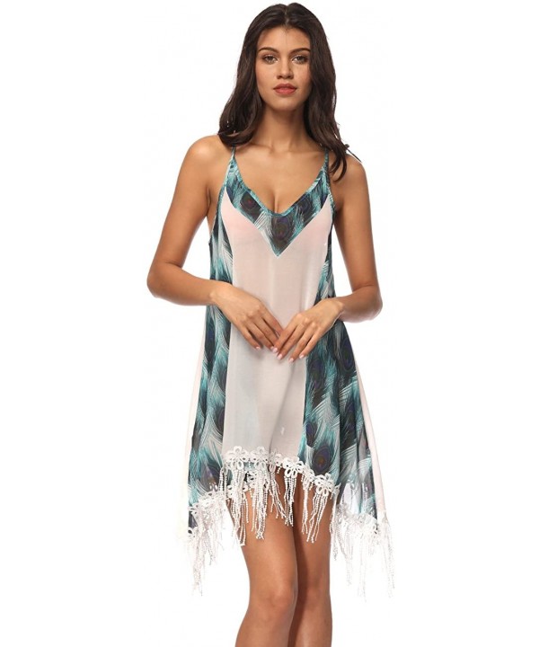 Women's Sexy Peacock Print Bikini Swimsuit Halter Tassel Cover up Swimwear Dress - White - C918E9EWQAU $11.40-Cover-Ups