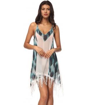 Women's Sexy Peacock Print Bikini Swimsuit Halter Tassel Cover up Swimwear Dress - White - C918E9EWQAU $11.40-Cover-Ups