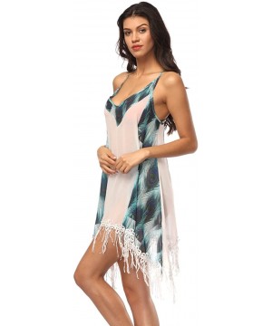 Women's Sexy Peacock Print Bikini Swimsuit Halter Tassel Cover up Swimwear Dress - White - C918E9EWQAU $11.40-Cover-Ups