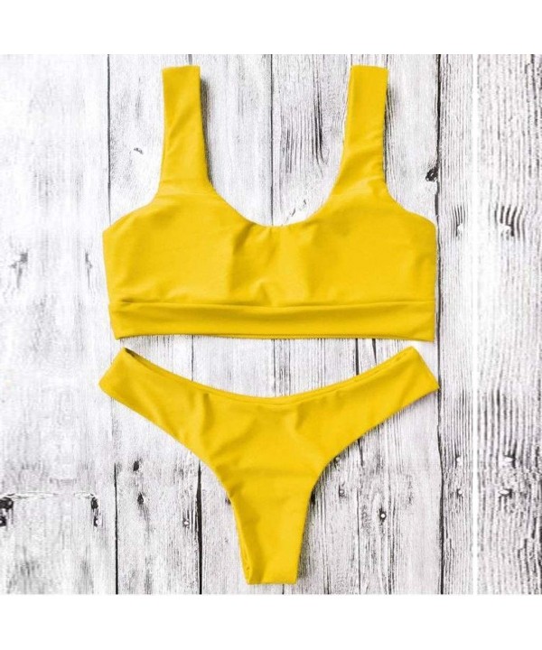 Womens Two Piece Swimsuits Sexy Tank Tops Push Up Brazilian Thong Cheeky Bikini Set Tankini Triangle Bathing Suits - Yellow -...