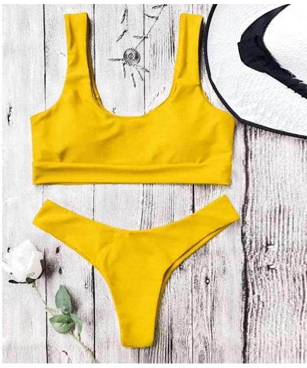 Womens Two Piece Swimsuits Sexy Tank Tops Push Up Brazilian Thong Cheeky Bikini Set Tankini Triangle Bathing Suits - Yellow -...