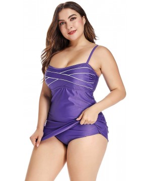 Plus Size Swimsuit for Women with Athletic Contrast Piping Crossover one Piece Swimdress - Purple - C318S9LQ2MT $12.93-One-Pi...