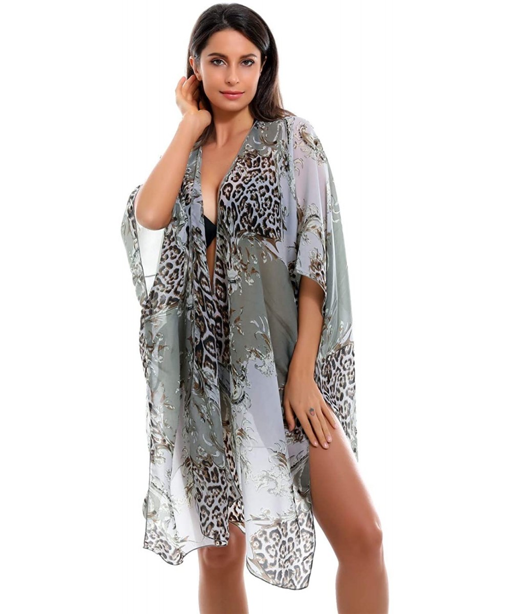 Cover Up for Swimwear Women Floral Kimono Cardigan Shawl Half Sleeve Chiffon Summer Beach Bikini Blouse - Gray - CY18RELACAG ...