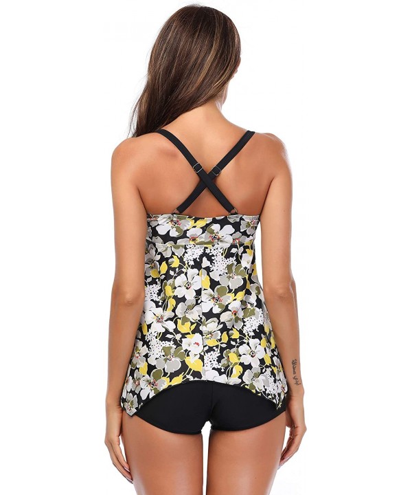 Womens Two Piece Front Tie Swimsuit Cross Back Flowy Tankini Tummy Control - Yellow - CU18SRZ8EZC $36.97-One-Pieces