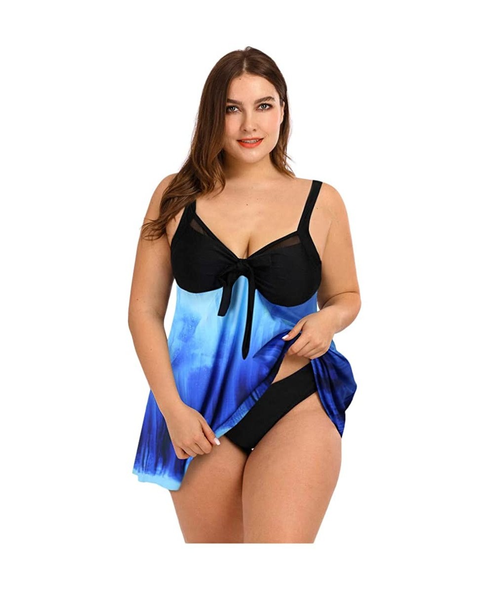 Women's Plus Size Swimsuit Floral Printed Plus Swimwear Tankini Two Pieces Swimdress - Blue3 - CN196T5I0UT $15.36-Sets