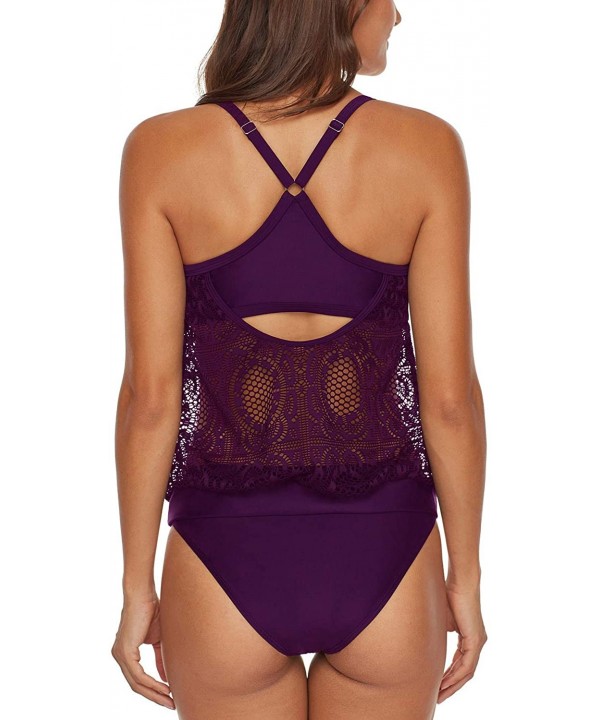 Women's Blouson Tankini Swimsuits Crochet 2 Piece Bathing Suit Solid Lace Swimwear - Purple - CM19D3EIRZI $29.29-Tankinis