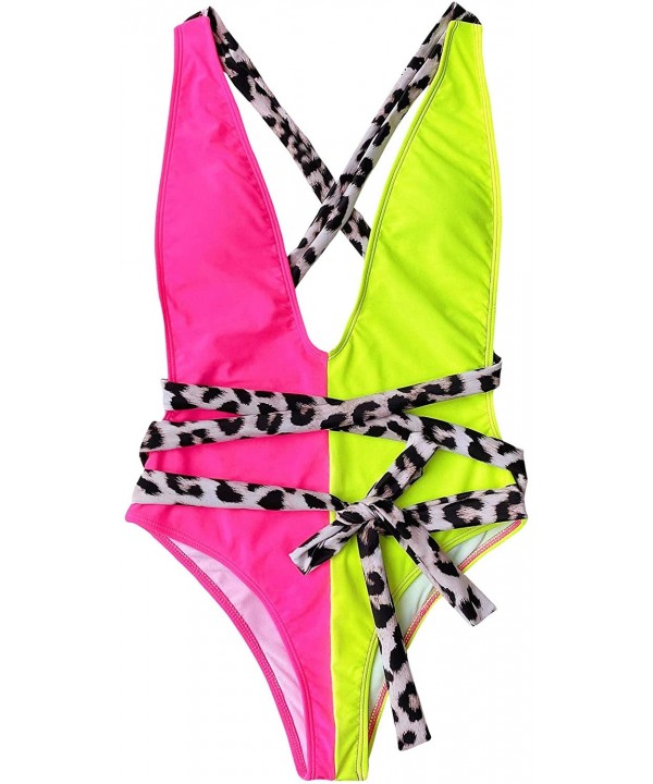 Women's Sexy Bathing Suits Criss Cross Tie Knot Front Deep V Open Back Leopard One Piece Swimwear Hot Pink Green - CU19GYI8KW...