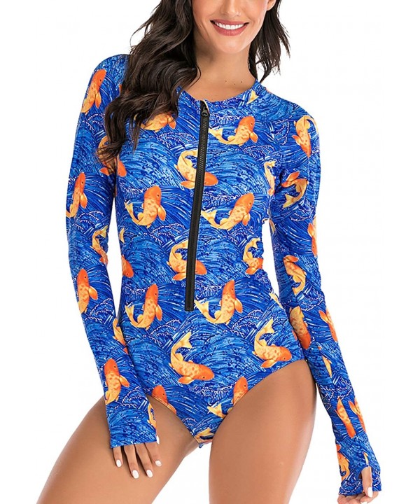 Womens Zip Front Long Sleeve High Neck One Piece Swimsuit Printed Rash Guard - T - 073 - CW192I9MMMM $28.71-Rash Guards