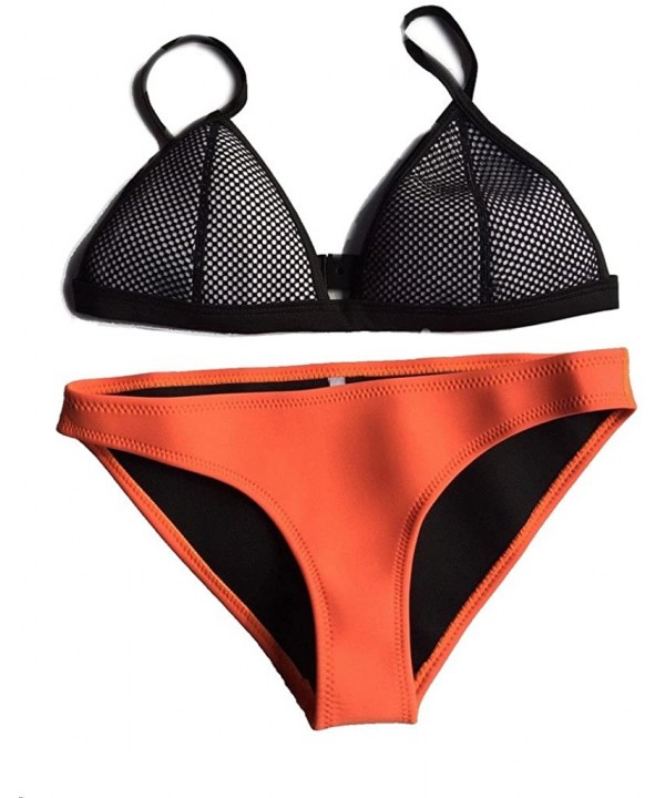 Women Neoprene Bikini Swimwuit Mesh Triangle Top Bathing Swimwear - Orange - CZ12DWPYC69 $25.77-Sets