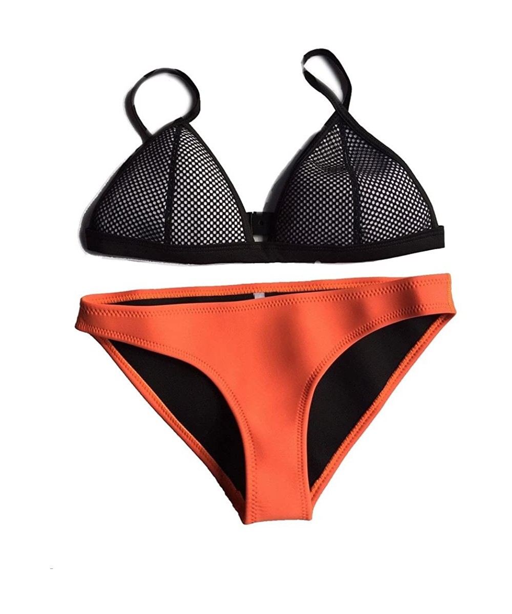 Women Neoprene Bikini Swimwuit Mesh Triangle Top Bathing Swimwear - Orange - CZ12DWPYC69 $25.77-Sets