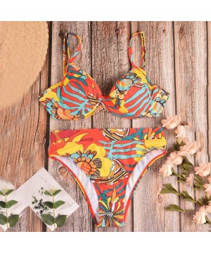 Bikini Set Leopard Striped Floral Print Padding Strap Top Sexy Cheeky High Wait Triangle Swimsuit Two Piece Multi Color - CP1...