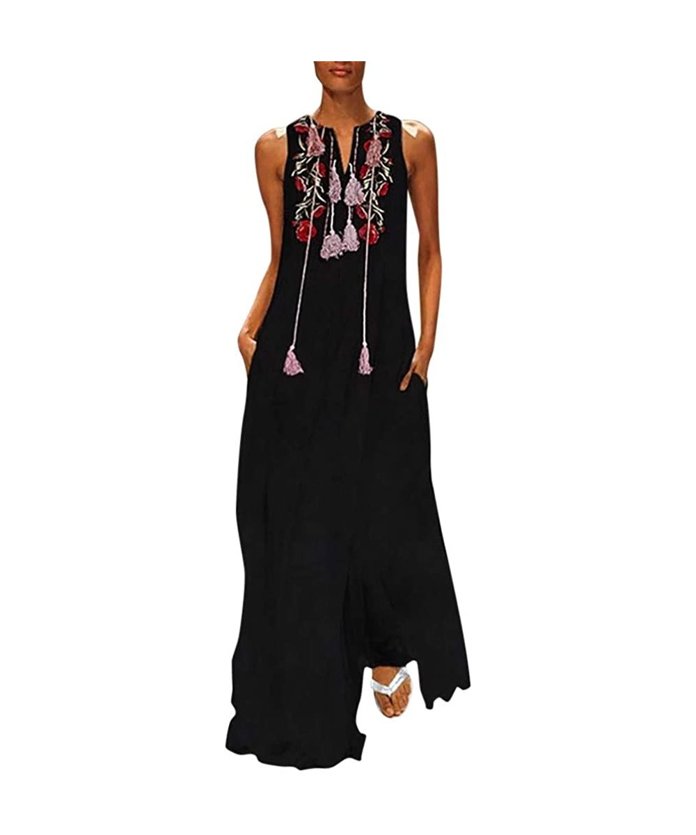 Women's Sleeveless V-Neck Floor-Length Casual Dress with Pockets - F-rose Bk - C11986QL5R5 $16.99-Cover-Ups