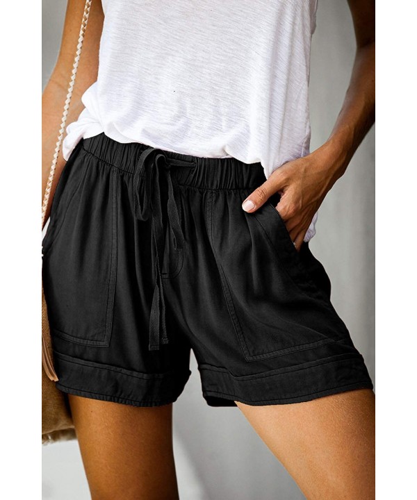 Women's Casual Drawstring Shorts Loose Comfy Elastic Waist Pocketed Shorts Pants - A_black - CP19086WQ22 $15.72-Board Shorts