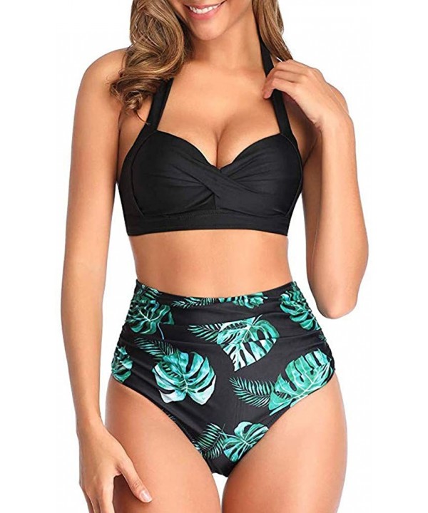 Women High Waisted Bikini Set Halter Two Piece Strappy Swimsuits - Green B - CP194XMTLT5 $12.43-Sets