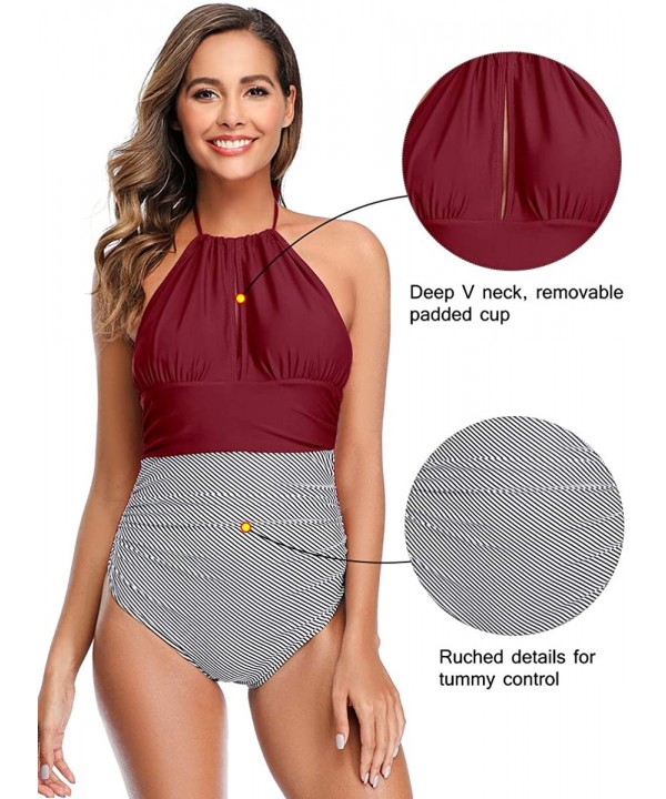 Women Halter One Piece Swimsuit Stripe Tummy Control Swimwear Backless V Neck Bathing Suits - Wine Red - CP1944S6LIE $17.34-O...