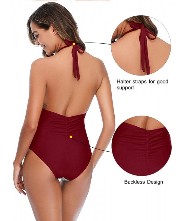 Women Halter One Piece Swimsuit Stripe Tummy Control Swimwear Backless V Neck Bathing Suits - Wine Red - CP1944S6LIE $17.34-O...