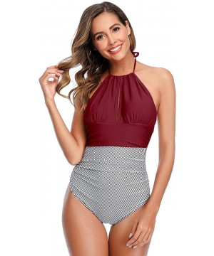 Women Halter One Piece Swimsuit Stripe Tummy Control Swimwear Backless V Neck Bathing Suits - Wine Red - CP1944S6LIE $17.34-O...