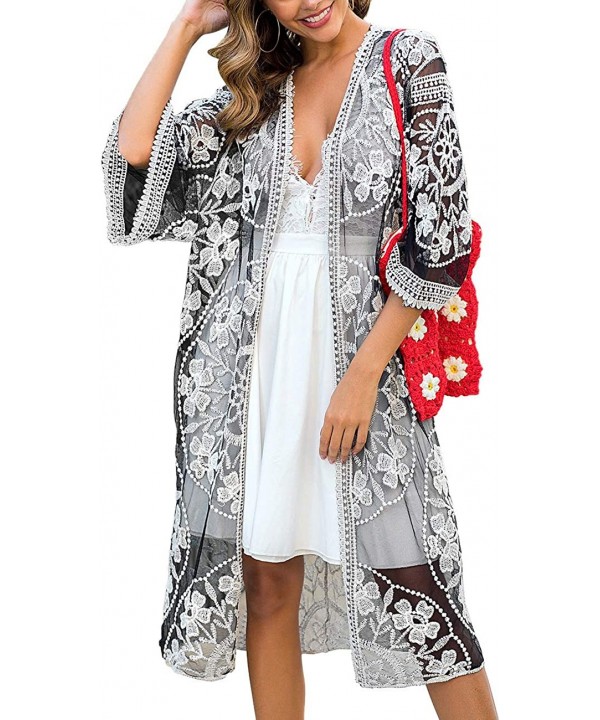 Women's Lace Cardigan Floral Crochet Sheer Beach Cover Ups Long Open Kimono - Black White - C31933KLMHC $20.63-Cover-Ups