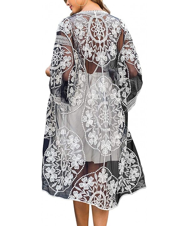 Women's Lace Cardigan Floral Crochet Sheer Beach Cover Ups Long Open Kimono - Black White - C31933KLMHC $20.63-Cover-Ups