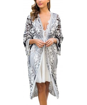 Women's Lace Cardigan Floral Crochet Sheer Beach Cover Ups Long Open Kimono - Black White - C31933KLMHC $20.63-Cover-Ups