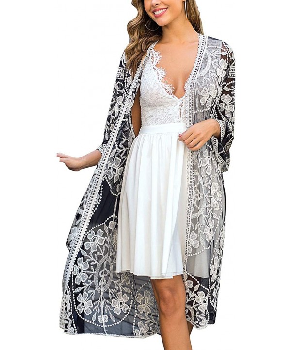 Women's Lace Cardigan Floral Crochet Sheer Beach Cover Ups Long Open Kimono - Black White - C31933KLMHC $20.63-Cover-Ups