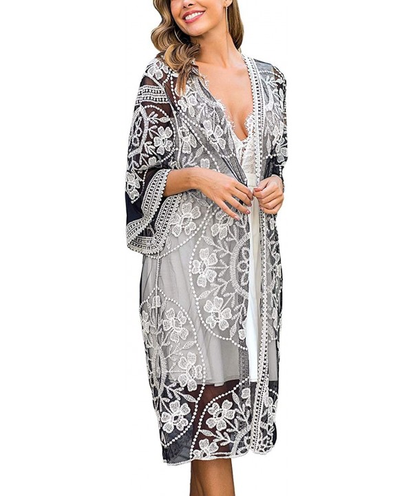 Women's Lace Cardigan Floral Crochet Sheer Beach Cover Ups Long Open Kimono - Black White - C31933KLMHC $20.63-Cover-Ups