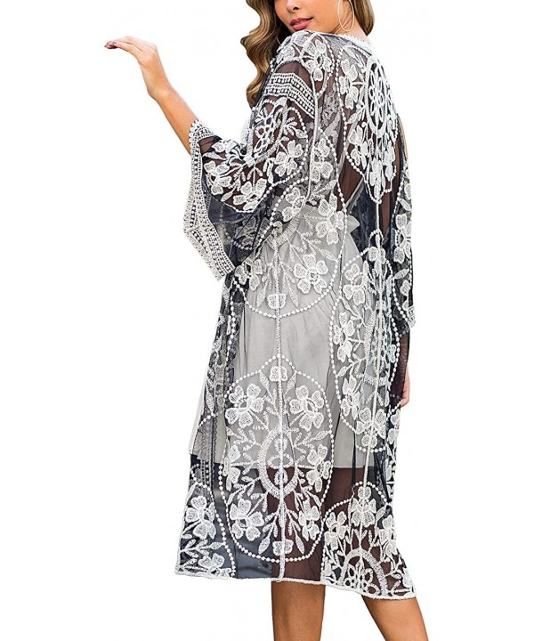 Women's Lace Cardigan Floral Crochet Sheer Beach Cover Ups Long Open Kimono - Black White - C31933KLMHC $20.63-Cover-Ups