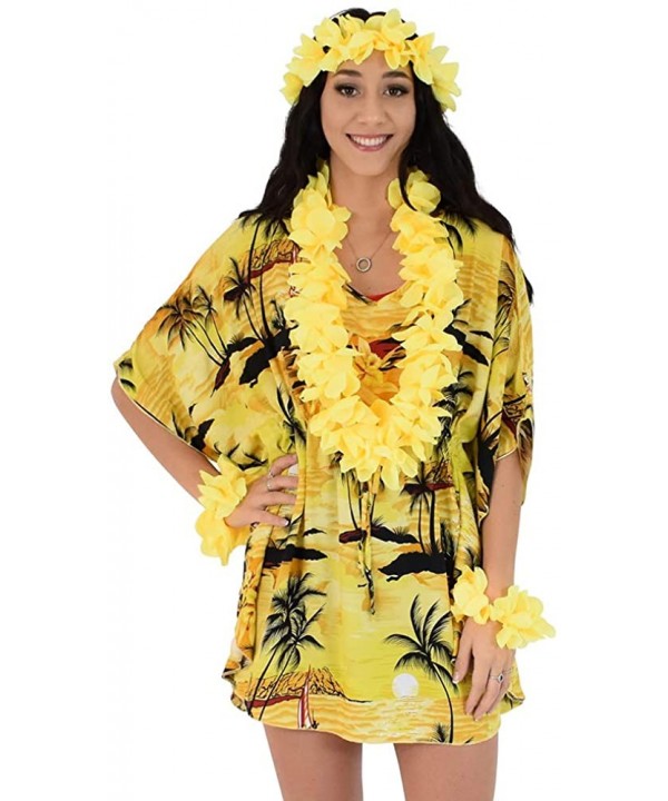 Womens Short Kaftan Sunset Floral Beach Cover Up + Lei Set - Yellow Sunset - C618AOK2WTW $26.24-Cover-Ups