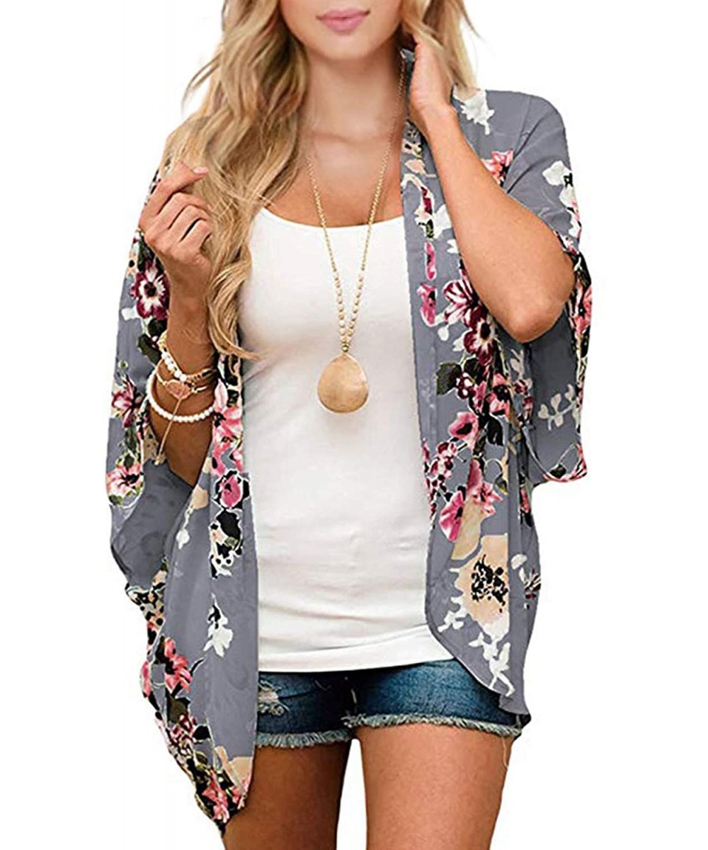 Womens Floral Kimono Cardigan Half Sleeve Chiffon Beach Cover Ups Loose Blouse Tops Kimonos for Women - Dark Gray - CM199I2Z5...