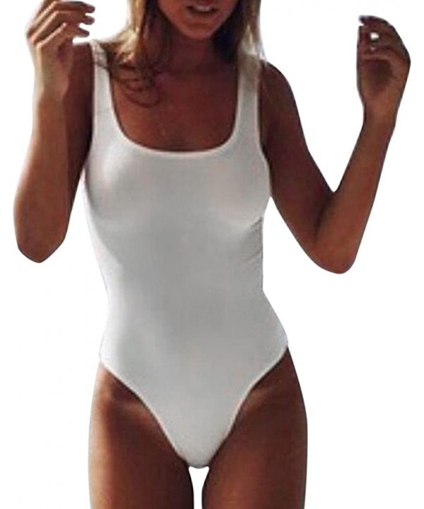 Womens One Piece Swimsuit for Women Retro 80s/90s High Cut Low Back Beach Swimwear Bikini Monokini Bathing Suit White - CP18Q...