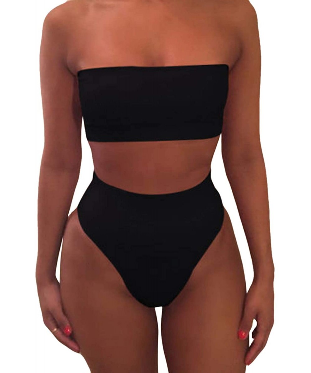 Women's Removable Strap Wrap Pad Cheeky High Waist Bikini Set Swimsuit - 01 - Black - C412HERINYN $20.50-Sets