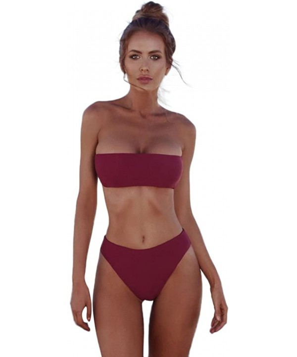 New Swimsuit!! Women Bandeau Bandage Bikini Set Push-Up Brazilian Swimwear Beachwear Swimsuit - Wine Red - C91906TSNHK $16.51...