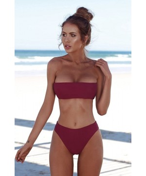 New Swimsuit!! Women Bandeau Bandage Bikini Set Push-Up Brazilian Swimwear Beachwear Swimsuit - Wine Red - C91906TSNHK $16.51...