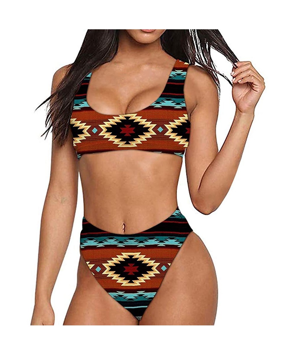 Women Printed Two Pieces High Waisted Cheeky Bikini Sets Low Scoop Crop Swimsuit - Pattern-20 - CH194XCD5HK $19.74-Sets