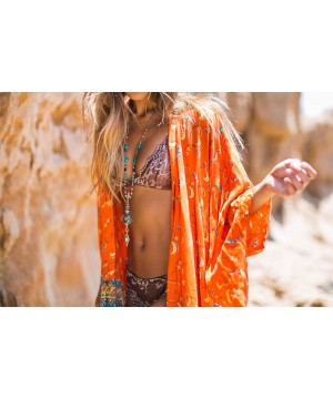 Women's Boho Chiffon Print Kimono Cardigan Long Maxi Sunscreen Cover-ups - CR17YYQRQZM $17.62-Cover-Ups