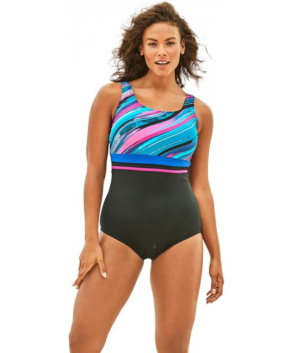 Women's Plus Size Empire-Waist Swimsuit with Molded Bra - Teal Painterly Stripe (1411) - C0193A0CWNS $37.63-One-Pieces