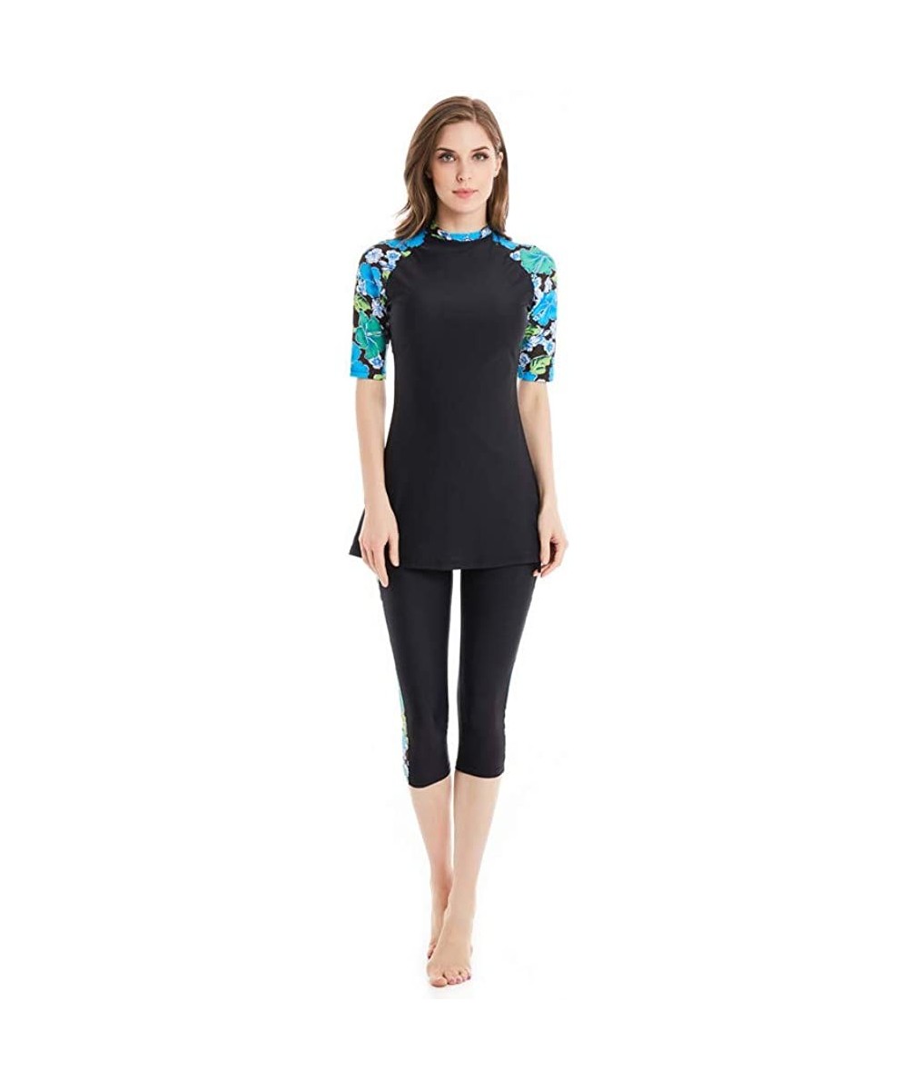 Womens Modest Swimsuit 2 Piece Elegant Short Sleeve Burkini Surfing Swimwear - N4 - C618Q2KE2UU $29.32-Rash Guards