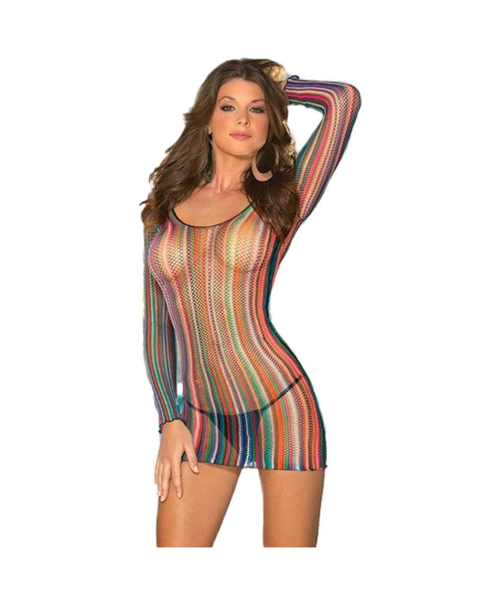 Long Sleeve Mesh Dress for Women Lace Crochet Bikini Cover Up Rainbow Striped Beach Dress - CX19DIG5IKM $21.37-Cover-Ups