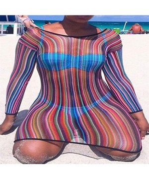 Long Sleeve Mesh Dress for Women Lace Crochet Bikini Cover Up Rainbow Striped Beach Dress - CX19DIG5IKM $21.37-Cover-Ups