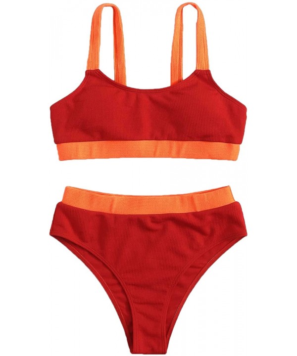 Women's 2 Piece Colorblock Cami Top and High Waist Bikini Swimsuit - Red - CH198XK9N9Y $26.07-Sets