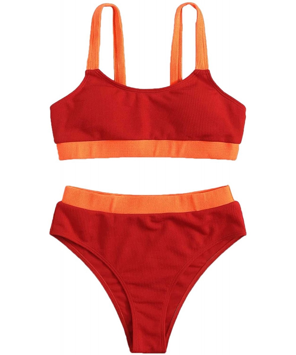 Women's 2 Piece Colorblock Cami Top and High Waist Bikini Swimsuit - Red - CH198XK9N9Y $26.07-Sets