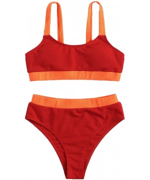 Women's 2 Piece Colorblock Cami Top and High Waist Bikini Swimsuit - Red - CH198XK9N9Y $26.07-Sets