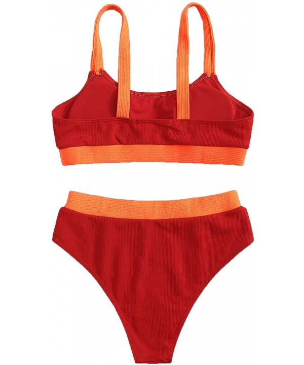 Women's 2 Piece Colorblock Cami Top and High Waist Bikini Swimsuit - Red - CH198XK9N9Y $26.07-Sets