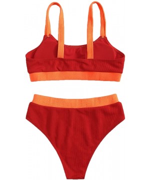 Women's 2 Piece Colorblock Cami Top and High Waist Bikini Swimsuit - Red - CH198XK9N9Y $26.07-Sets