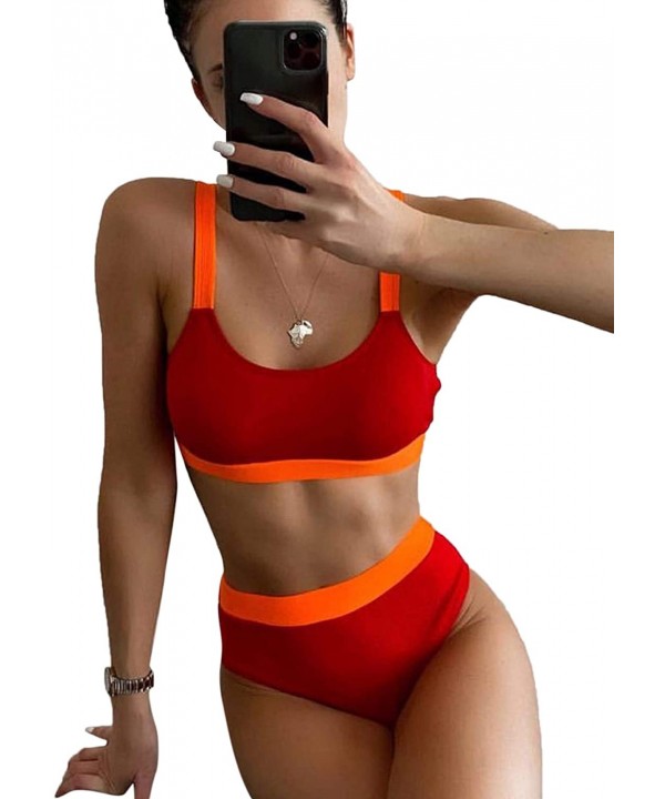 Women's 2 Piece Colorblock Cami Top and High Waist Bikini Swimsuit - Red - CH198XK9N9Y $26.07-Sets