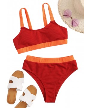 Women's 2 Piece Colorblock Cami Top and High Waist Bikini Swimsuit - Red - CH198XK9N9Y $26.07-Sets