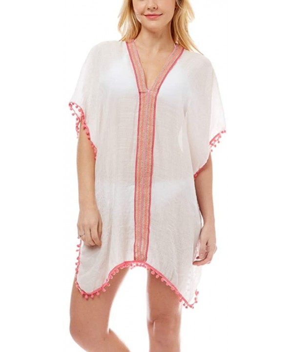 Women Summer Beach Swimsuit Bikini Cover Up Kimono Cardigan - Embroidered Kaftan - Pink - CY194A6247I $15.00-Cover-Ups