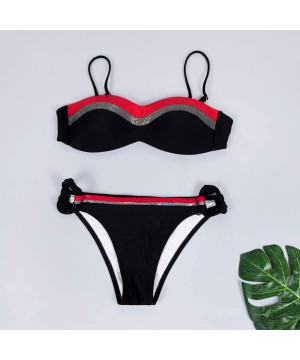 Womens Sexy Color Block Strappy Bandeau Bikini Set Brazilian Cheeky Thong Swimsuit Bathing Suit Push Up Swimwear Red - C718UT...